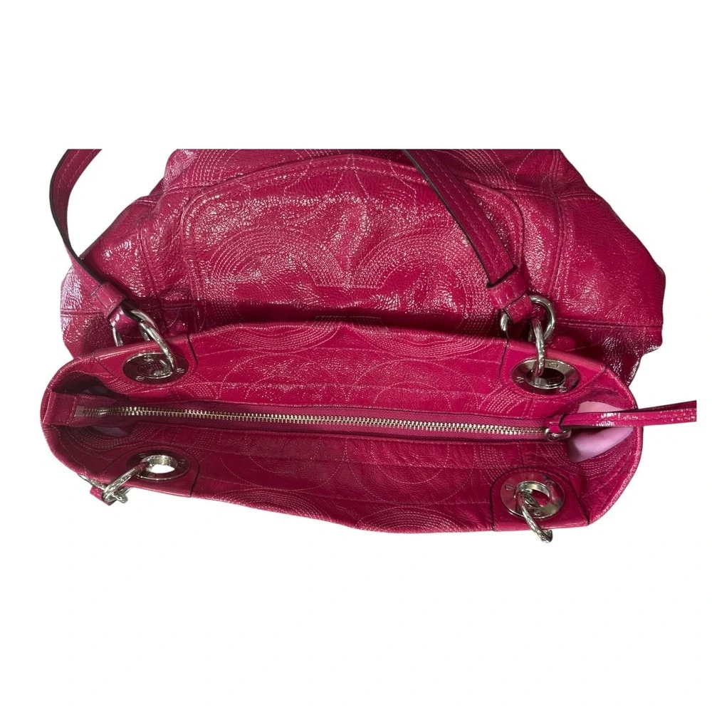 Coach Signature Purse Tote Hot Pink Patent Leather Shoulder Large Hobo Bag